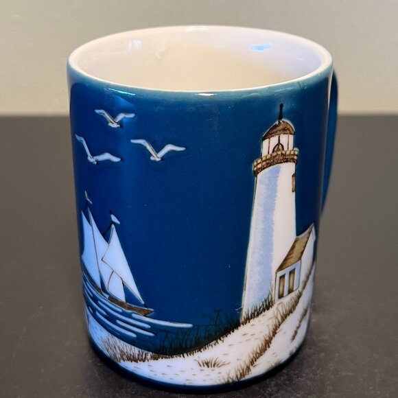 Otagiri Nautical Scene Ceramic Mug ~ Lighthouse, Sailboat, Seagulls & Coastline - Picture 3 of 9